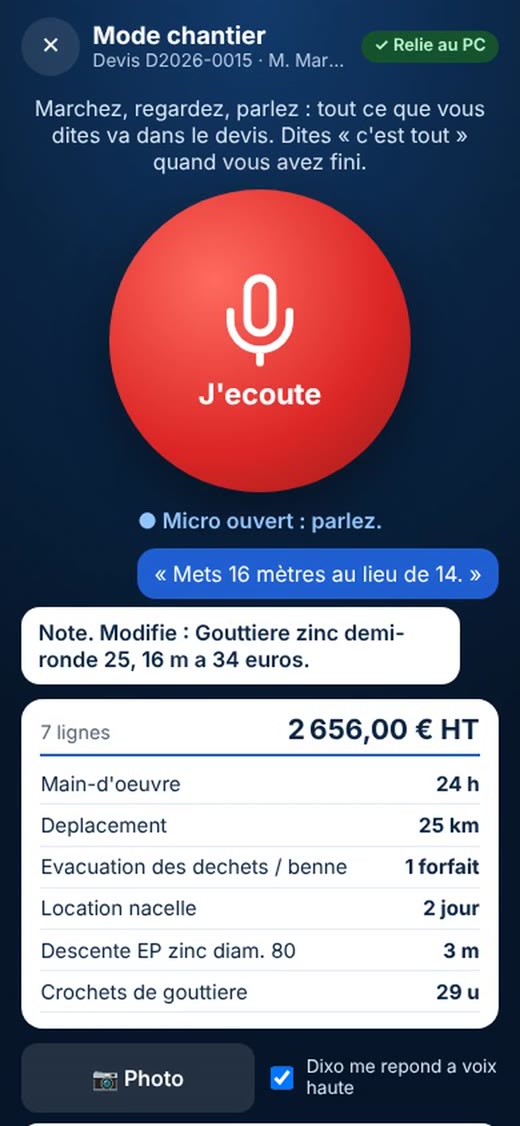 Mode chantier sur le téléphone : gros micro et lignes du devis